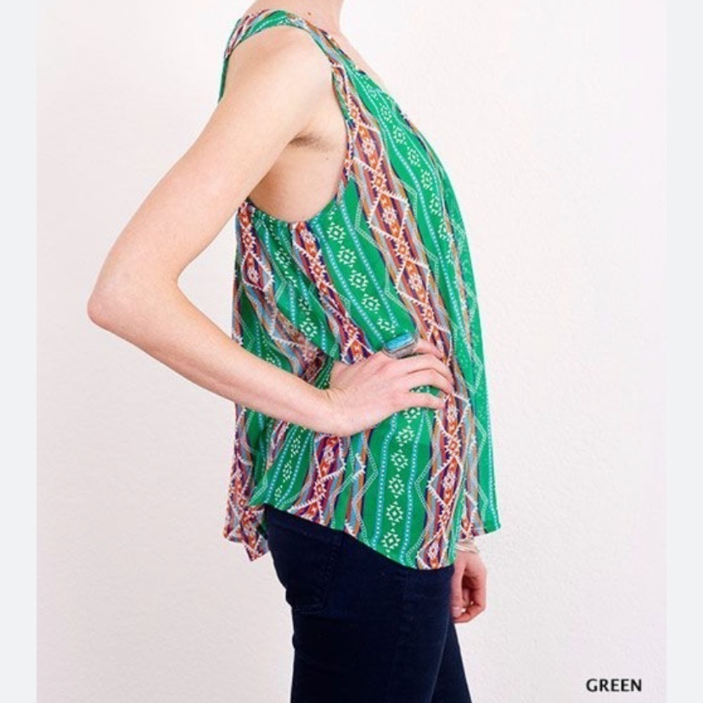 Umgee Green Aztec Sleeveless Blouse